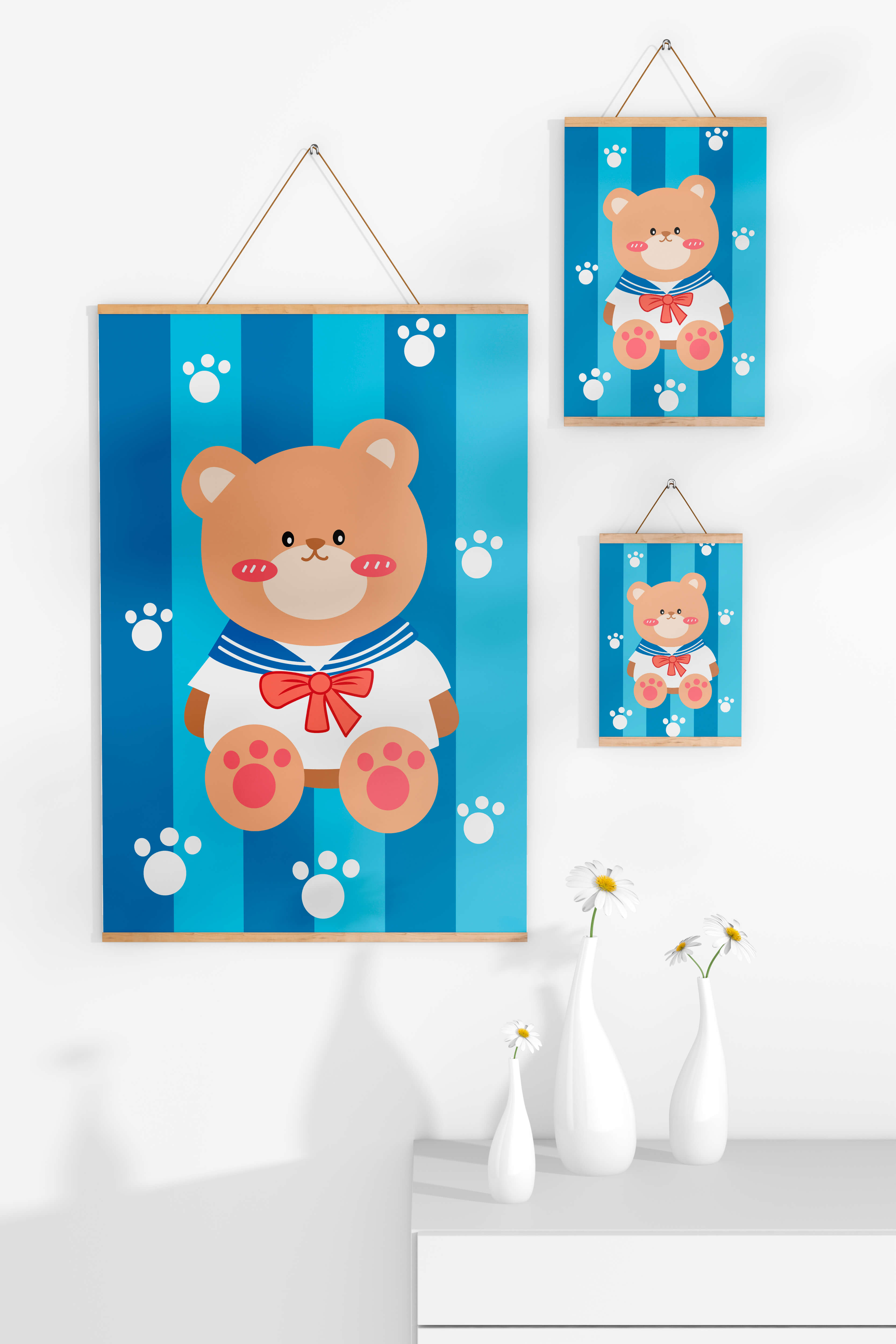 Adorable cartoon bear with sailor suit against striped background