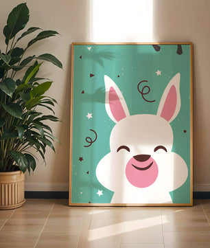 Adorable cartoon bunny on teal background with playful elements