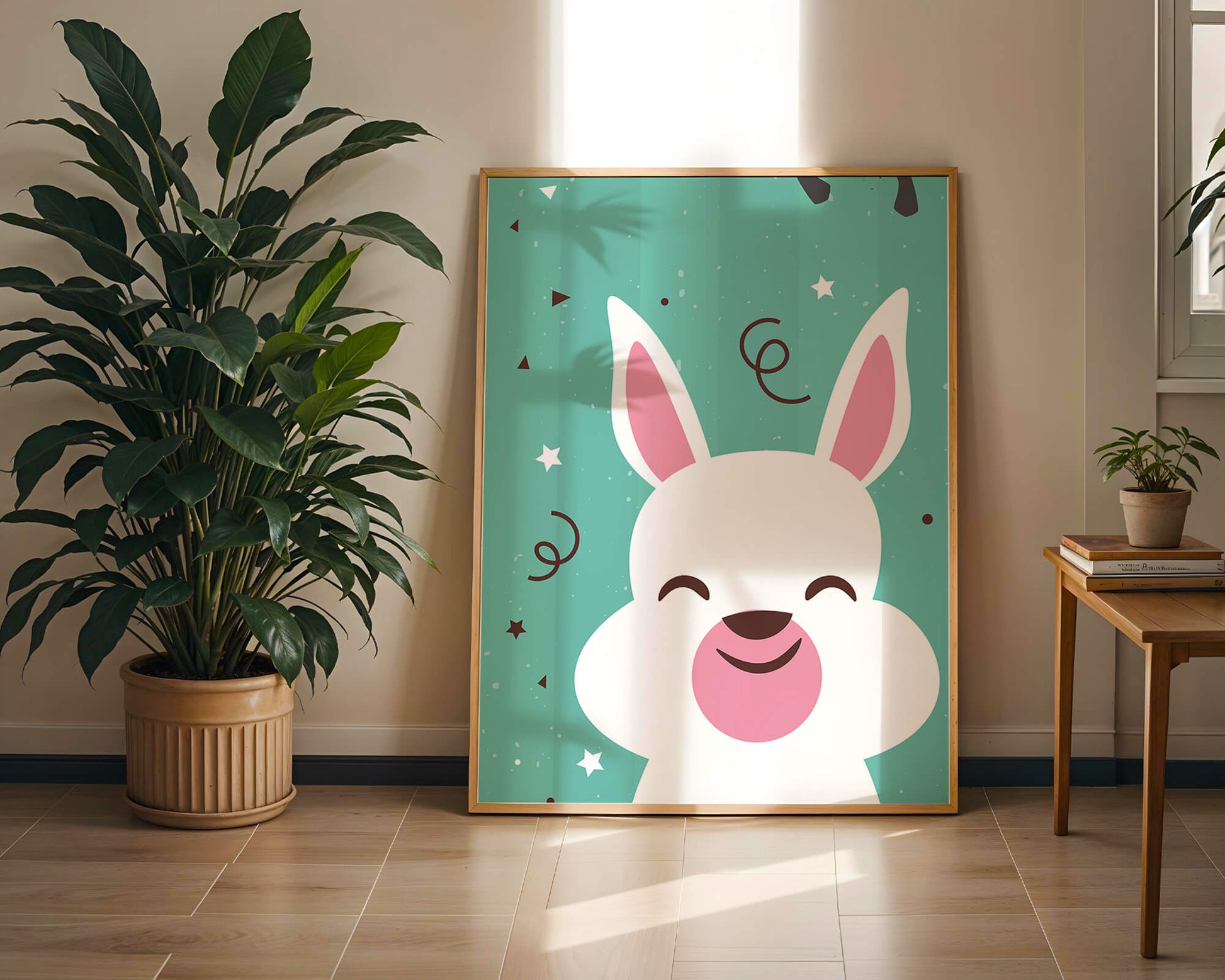 Adorable cartoon bunny on teal background with playful elements
