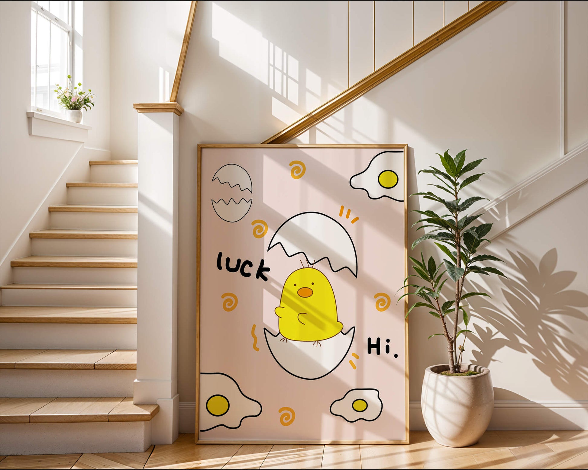Chick hatching from an egg with cheerful expressions and fried egg motifs