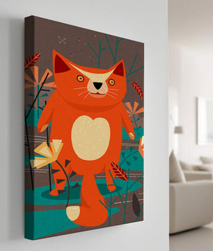 Illustration Of A Cute Orange Cat Surrounded By Stylized Trees And Plants