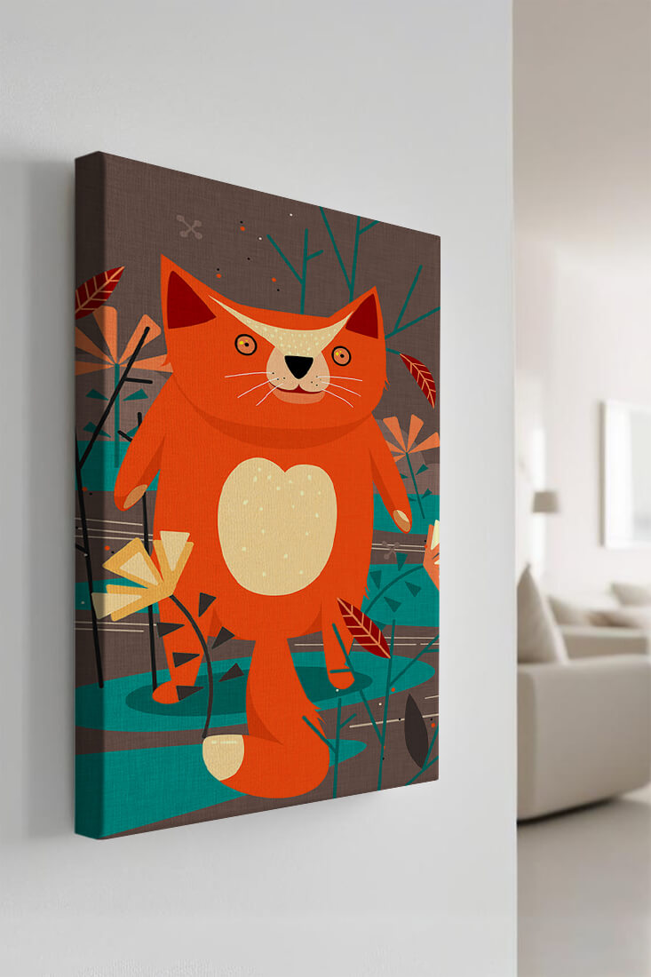 Illustration Of A Cute Orange Cat Surrounded By Stylized Trees And Plants