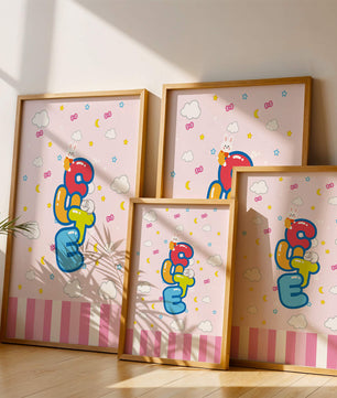Playful pastel illustration with cute characters and clouds
