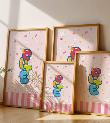 Playful pastel illustration with cute characters and clouds
