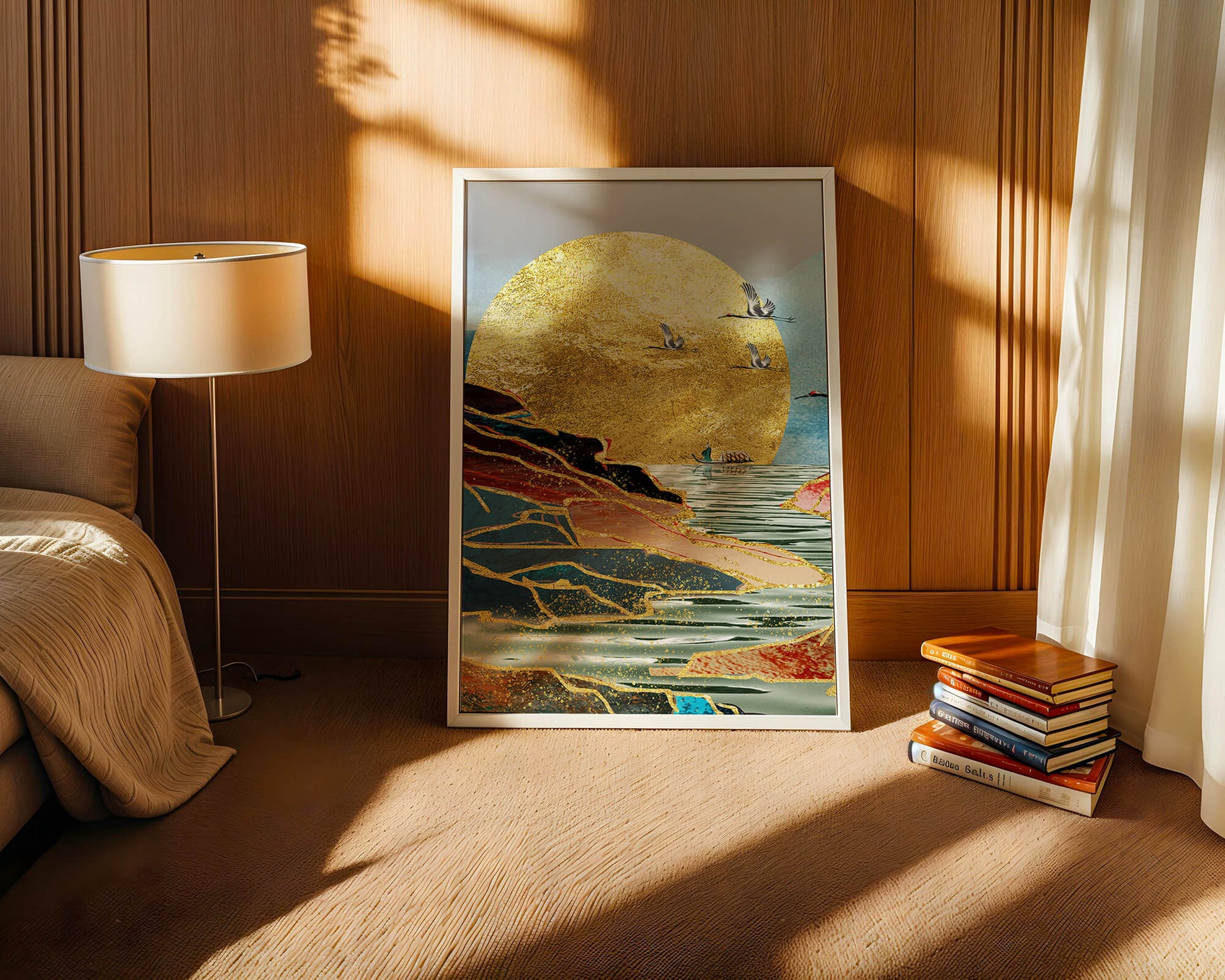 Majestic Golden Sun with Birds over Serene Landscape