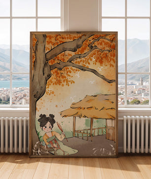 Escena de otoño con ilustración en estilo asiático tradicional