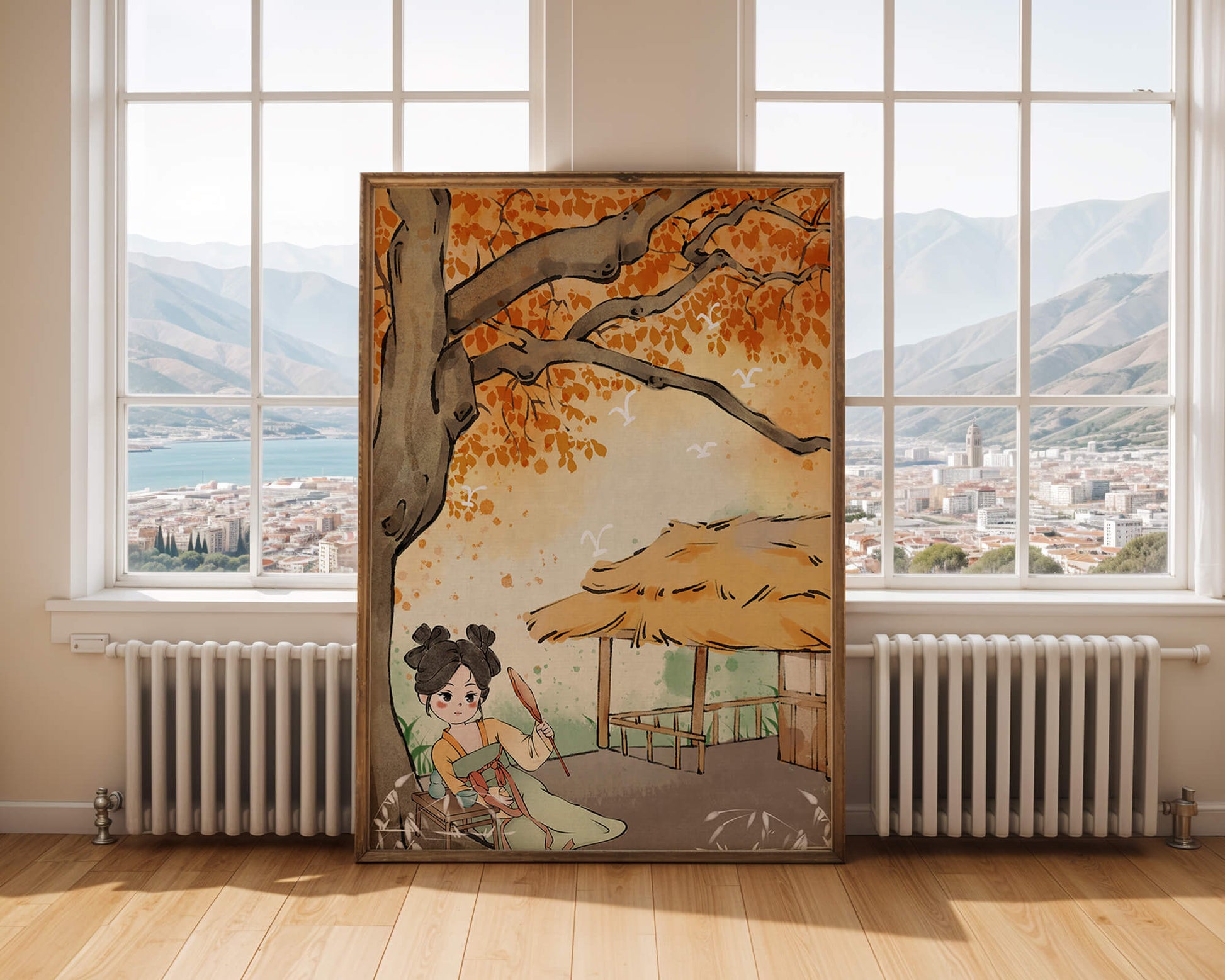 Escena de otoño con ilustración en estilo asiático tradicional