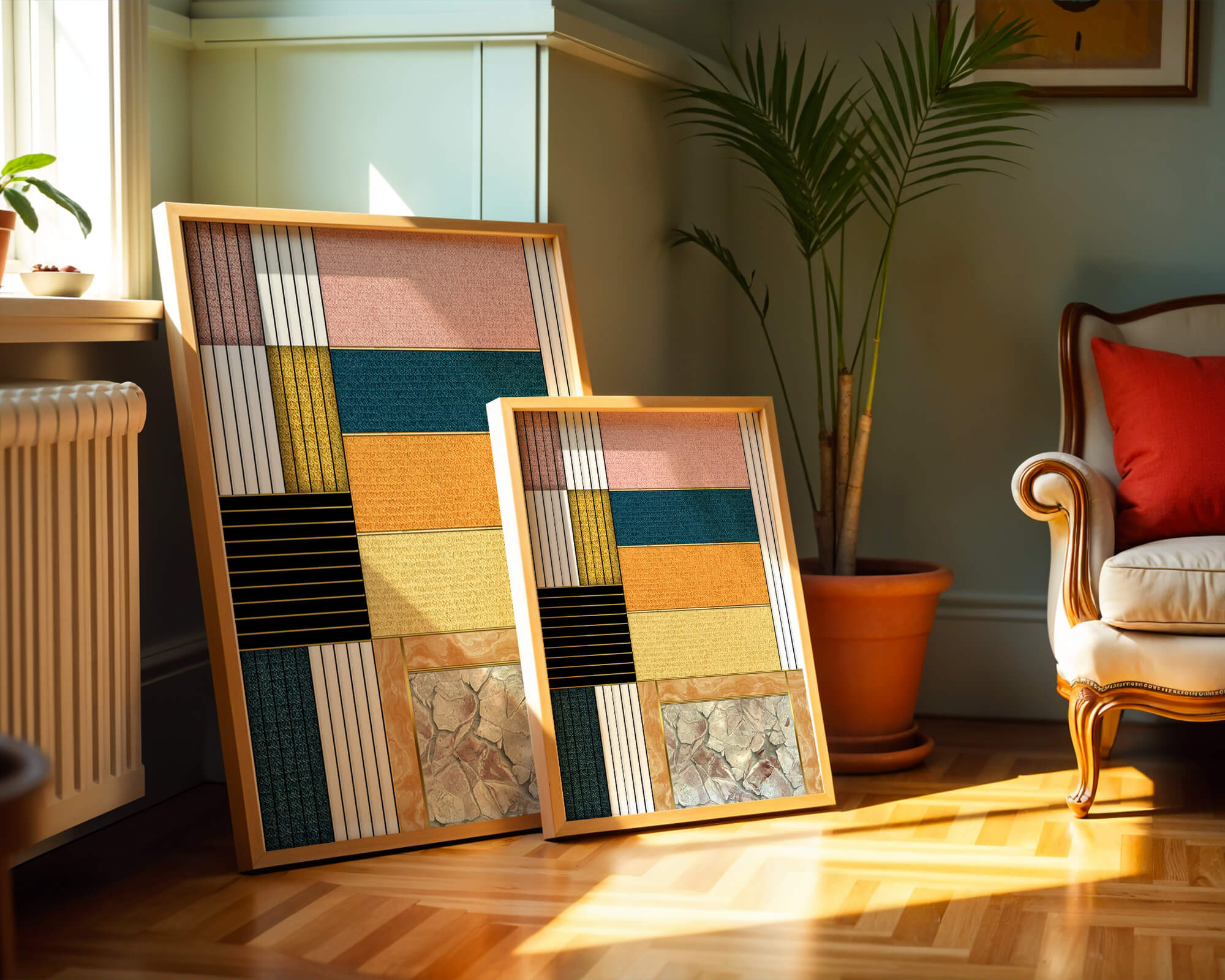 Geometric Abstract Art with Textured Blocks and Gold Accents - Mi tienda