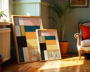 Geometric Abstract Art with Textured Blocks and Gold Accents - Mi tienda