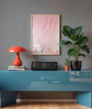 Diseño floral abstracto en rosa suave con hojas estilizadas y ondas