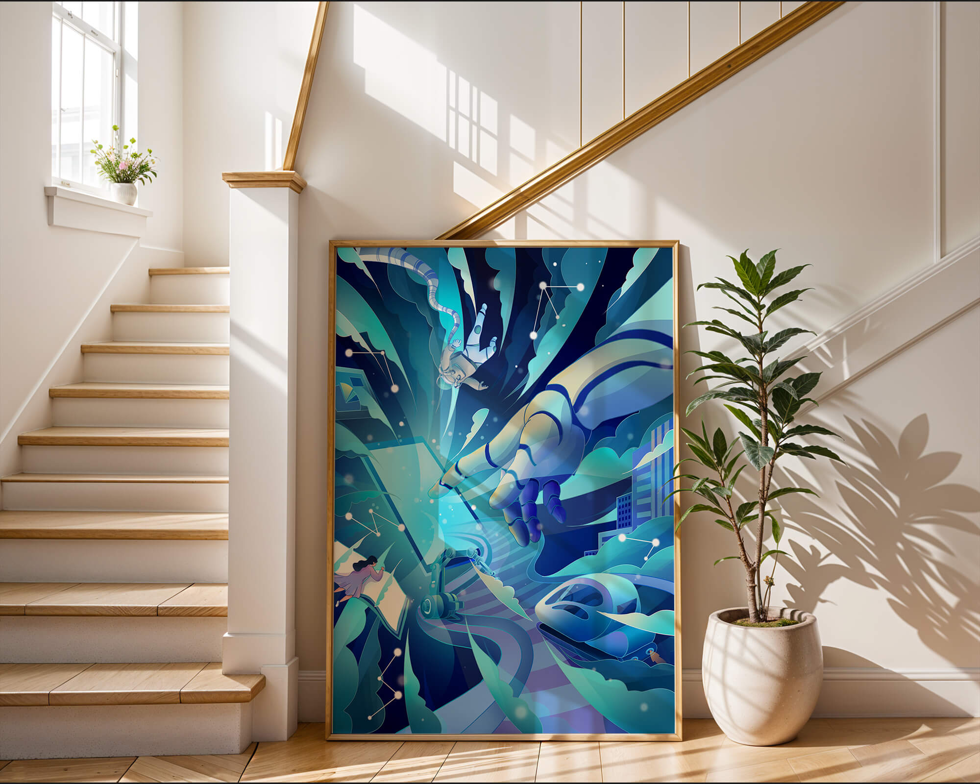 Futuristic digital artwork featuring astronaut and robotic hand in vibrant blue tones