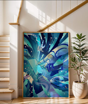 Futuristische digitale Kunst mit Astronaut und Roboterhand in lebhaften Blautönen