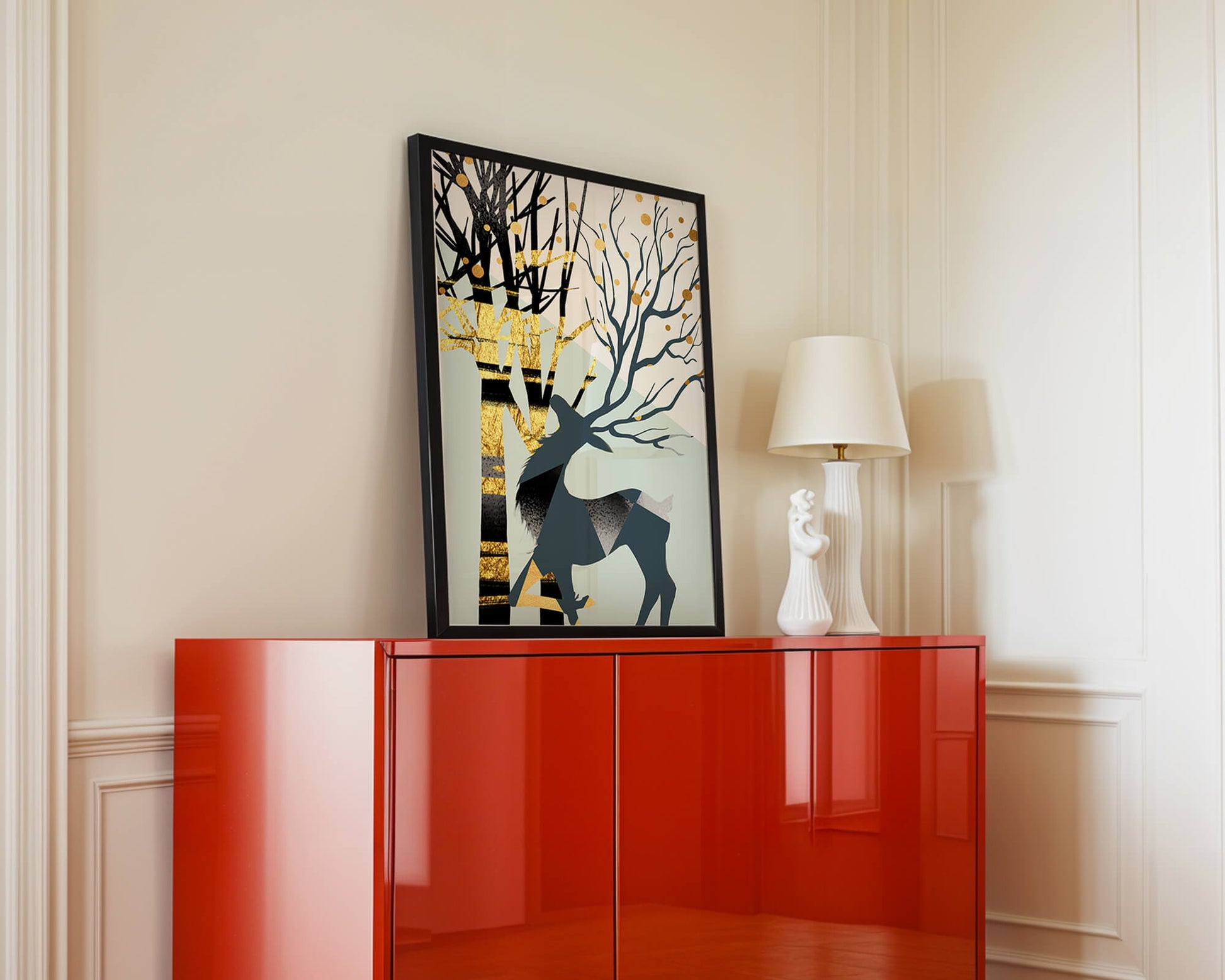 Abstract Deer Silhouette with Golden Accents and Trees