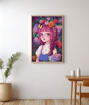 Illustration of a girl with floral crown surrounded by vibrant flowers