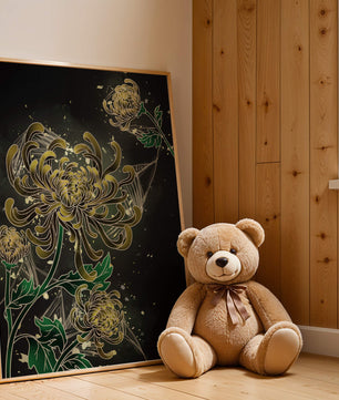 Œuvre élégante de chrysanthèmes dorés et verts sur fond sombre