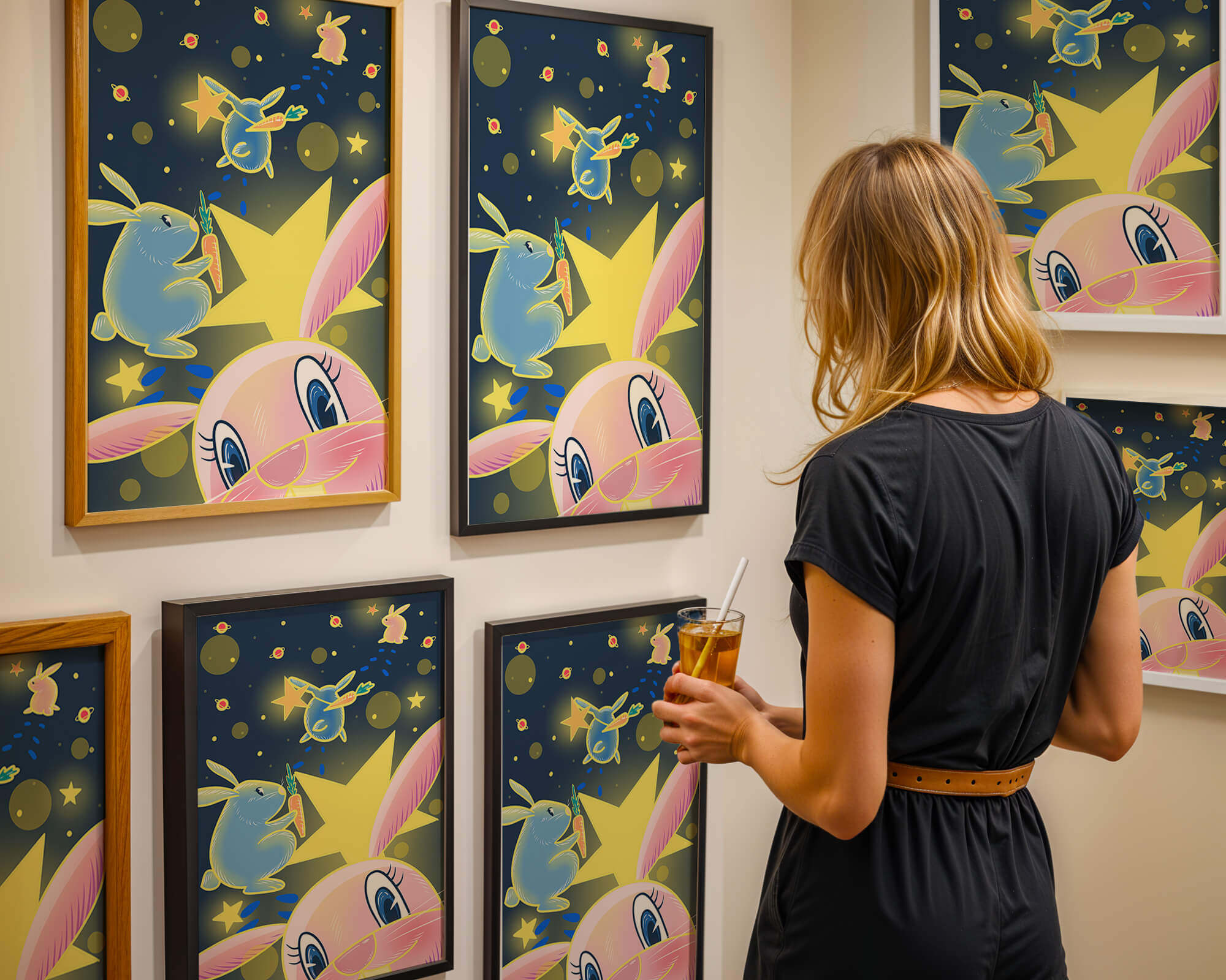 Playful bunnies with carrots and stars in a whimsical space scene