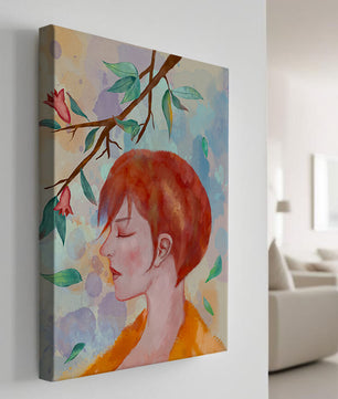 Illustrative artwork of a woman with red hair and floral branch