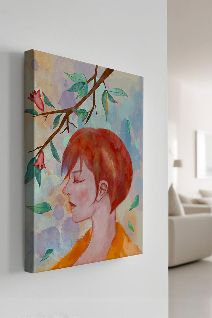 Illustrative artwork of a woman with red hair and floral branch