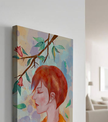 Illustrative artwork of a woman with red hair and floral branch