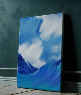 Olas oceánicas hermosas bajo un cielo nublado en una obra de arte