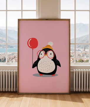 Ilustración adorable de un pingüino con globo y gafas