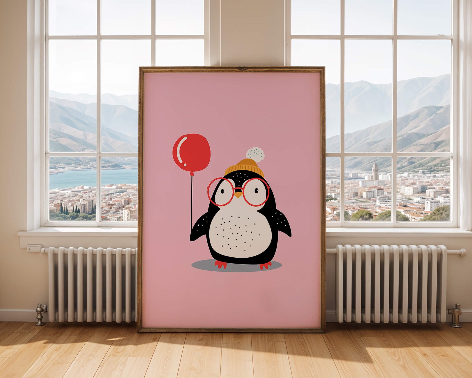 Adorable penguin with balloon and glasses illustration