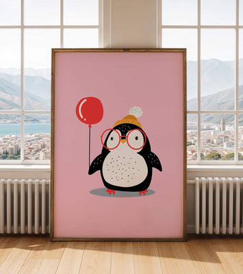 Adorable penguin with balloon and glasses illustration
