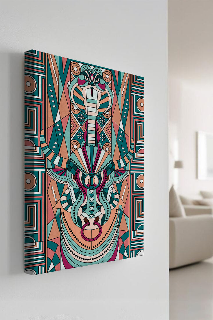 Arte tribal geométrico con motivos de serpiente y toro