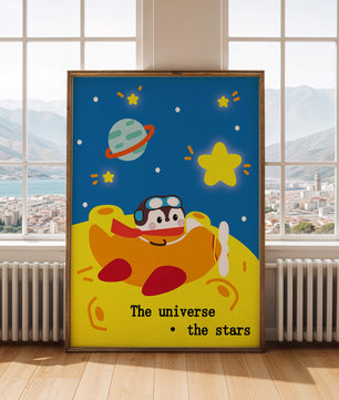 Colorful cartoon airplane with stars and planets in space