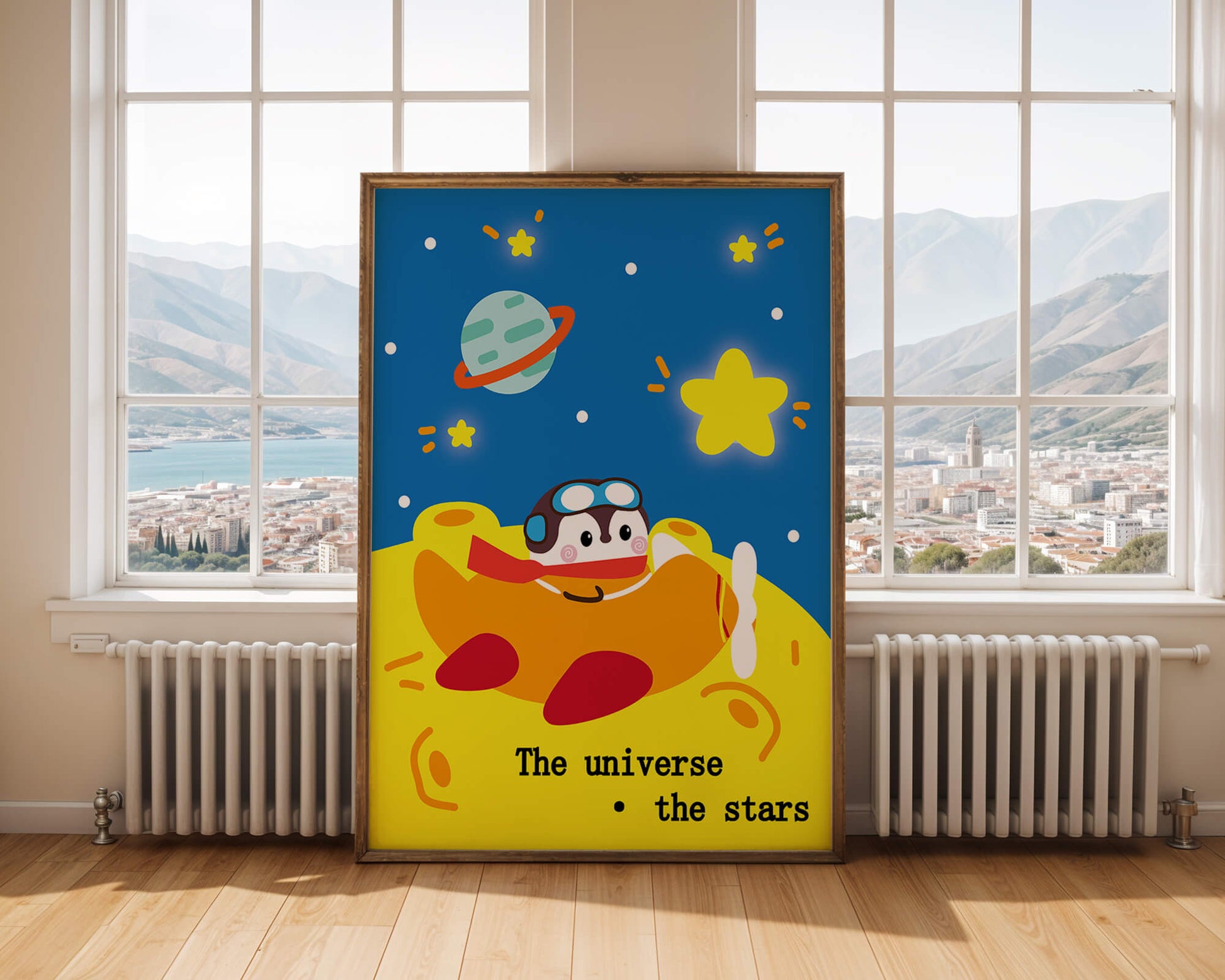 Colorful cartoon airplane with stars and planets in space