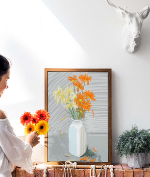 Vibrant daisies in a white vase illustration