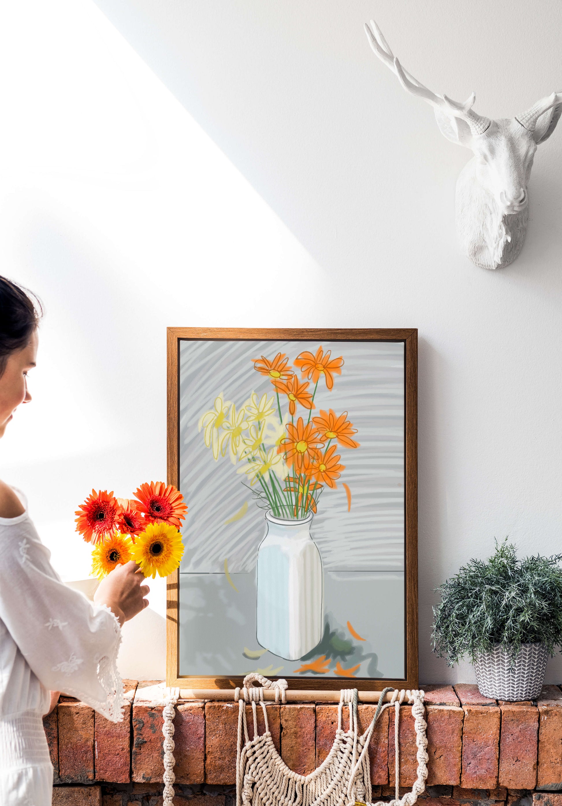 Vibrant daisies in a white vase illustration