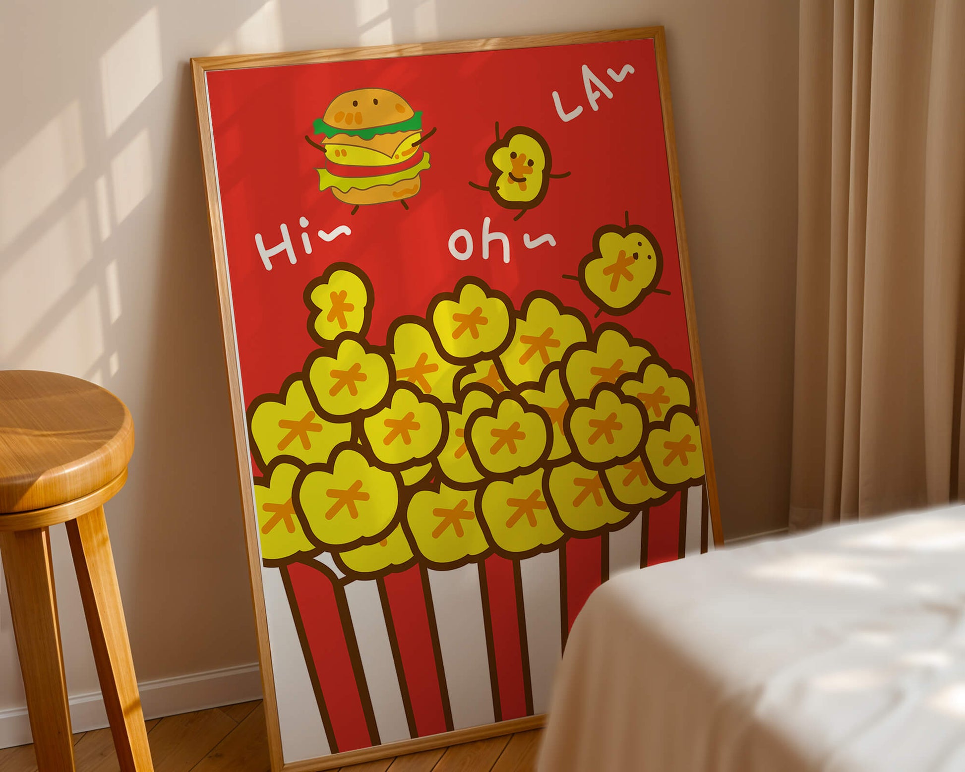 Playful illustration of popcorn and burger characters on a red background