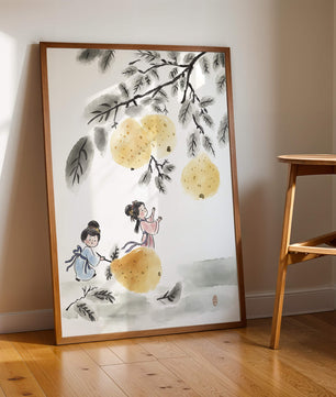 Ilustración encantadora de niños en vestimenta tradicional recolectando peras