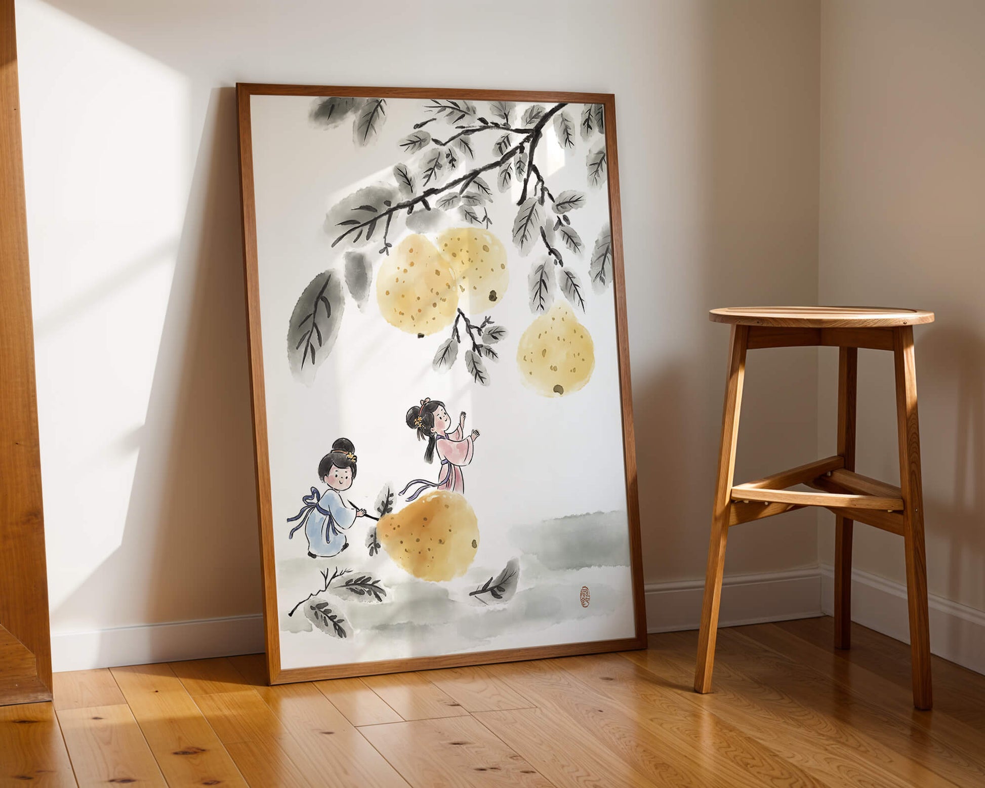 Ilustración encantadora de niños en vestimenta tradicional recolectando peras