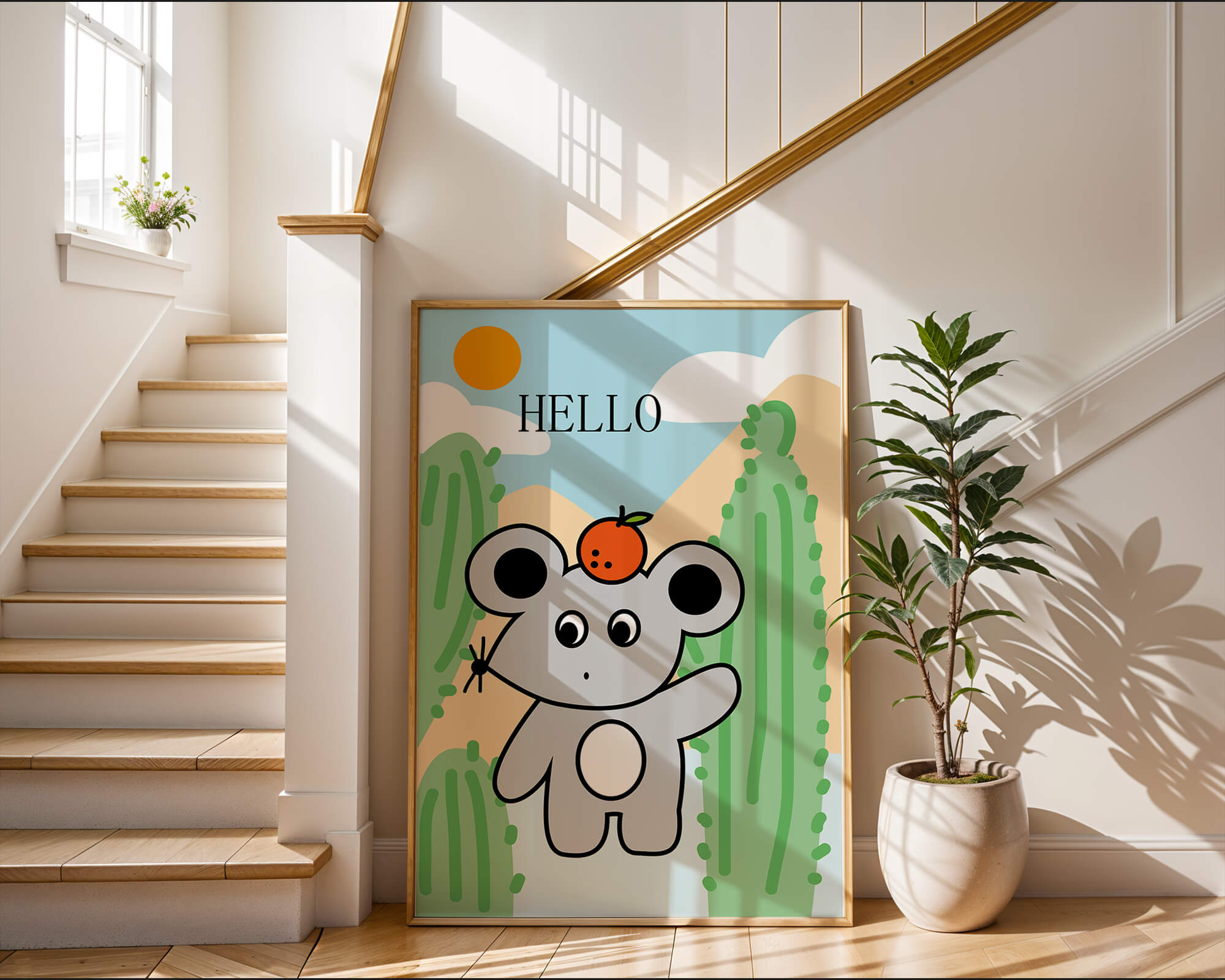 Cute illustration of a mouse with an orange on a sunny background
