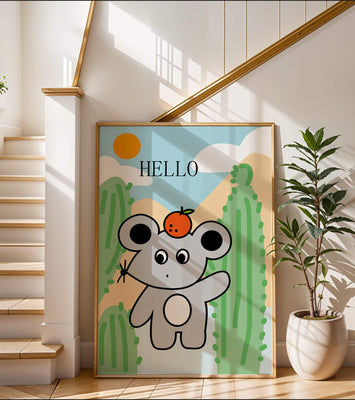 Cute illustration of a mouse with an orange on a sunny background