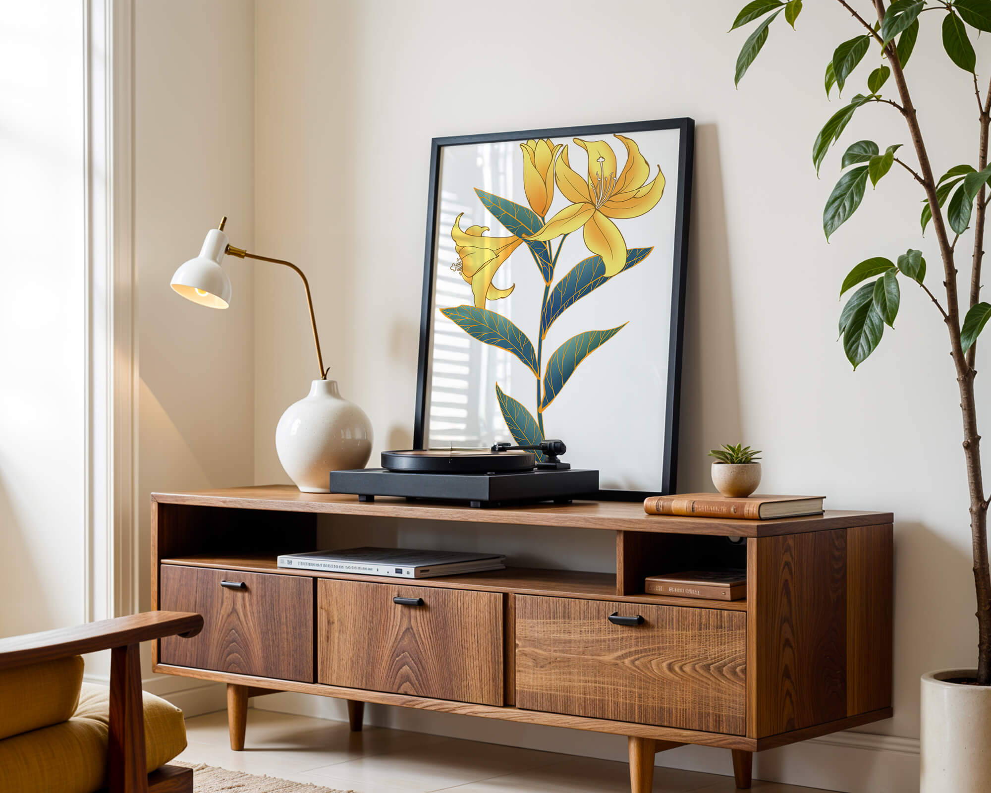 Elegant golden lily illustration with intricate leaf details