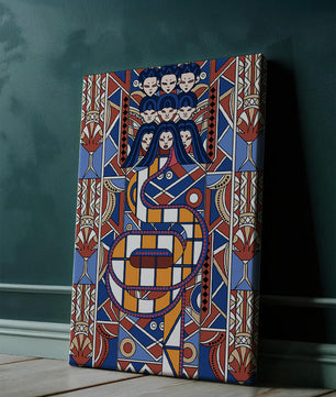 Patrón geométrico Art Decó con rostros y diseño simétrico