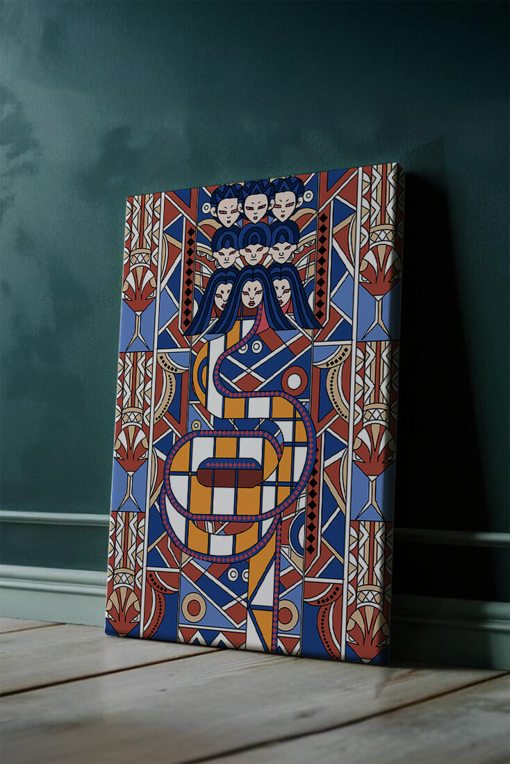 Patrón geométrico Art Decó con rostros y diseño simétrico