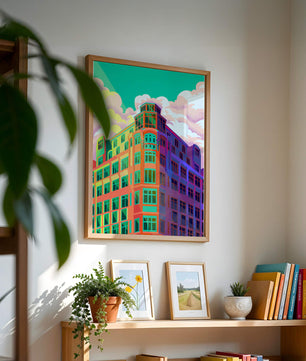 Gebäude mit bunten geometrischen Formen und lebhaftem Himmel