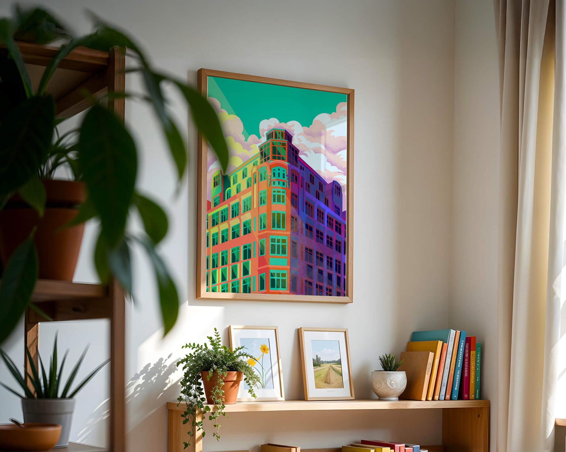 Colorful geometric building with vibrant sky