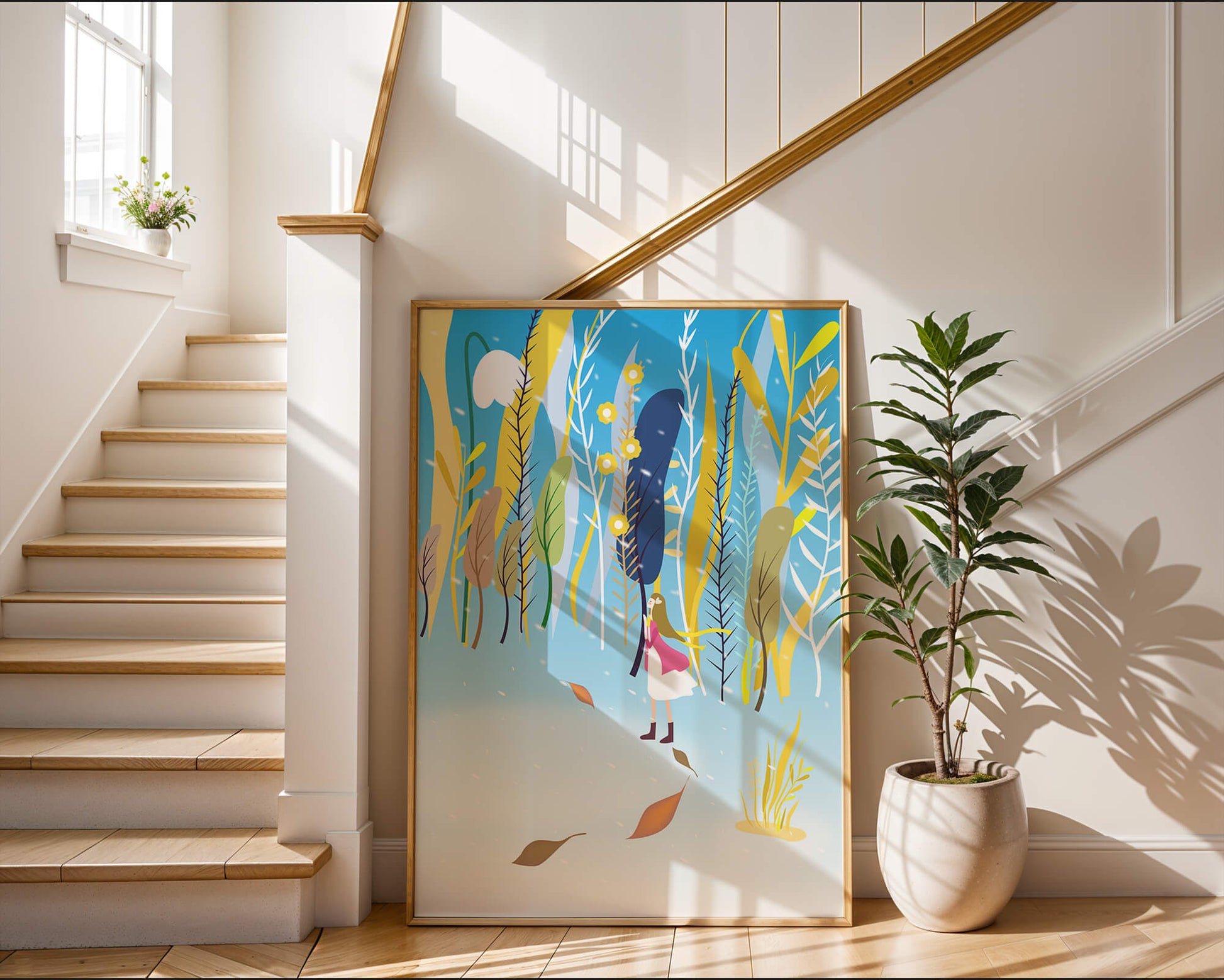 Whimsical scene with girl in colorful abstract forest
