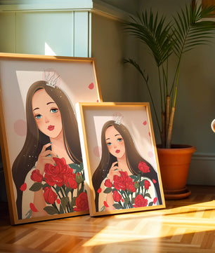 Illustration d'une fille animée avec une couronne et des roses