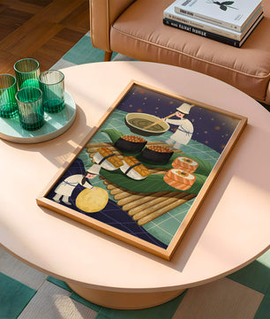 Ilustración juguetona de chefs preparando sushi en un paisaje imaginario