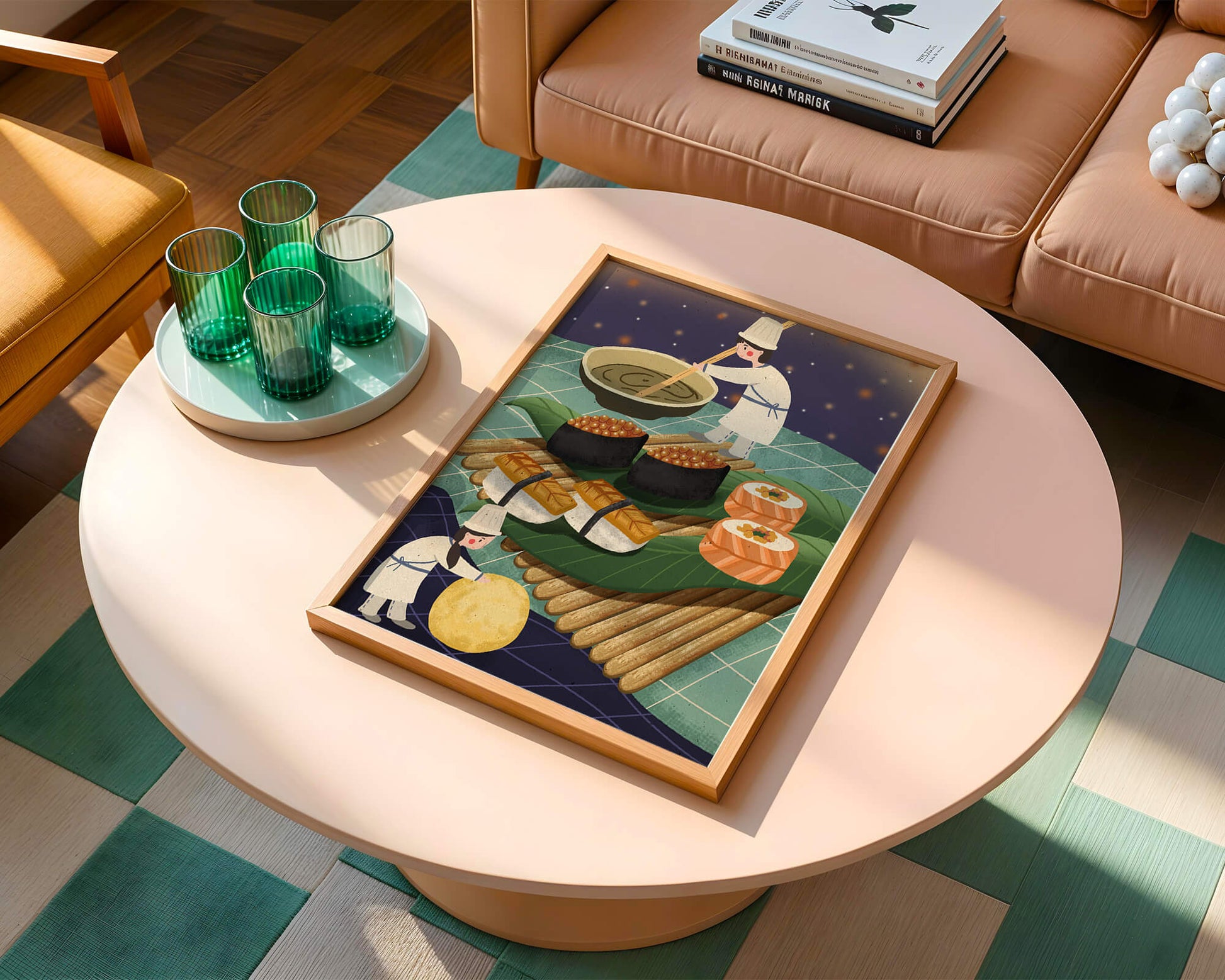 Ilustración juguetona de chefs preparando sushi en un paisaje imaginario