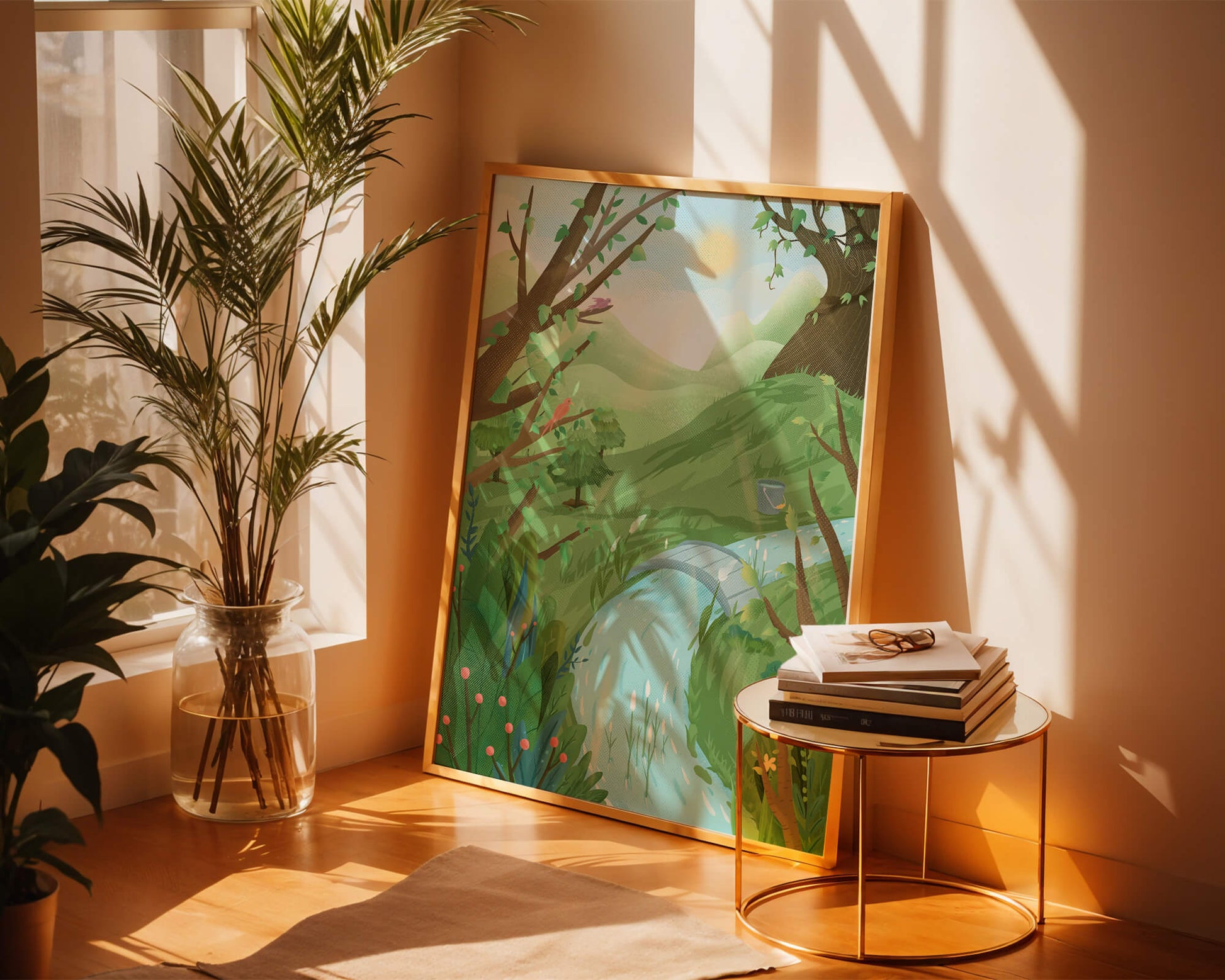 Paisaje sereno con aves y río bajo un cielo soleado