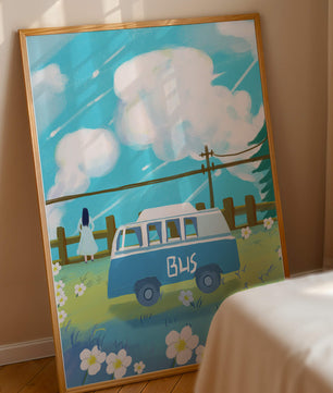 Ilustración escénica con autobús azul y prado en flor