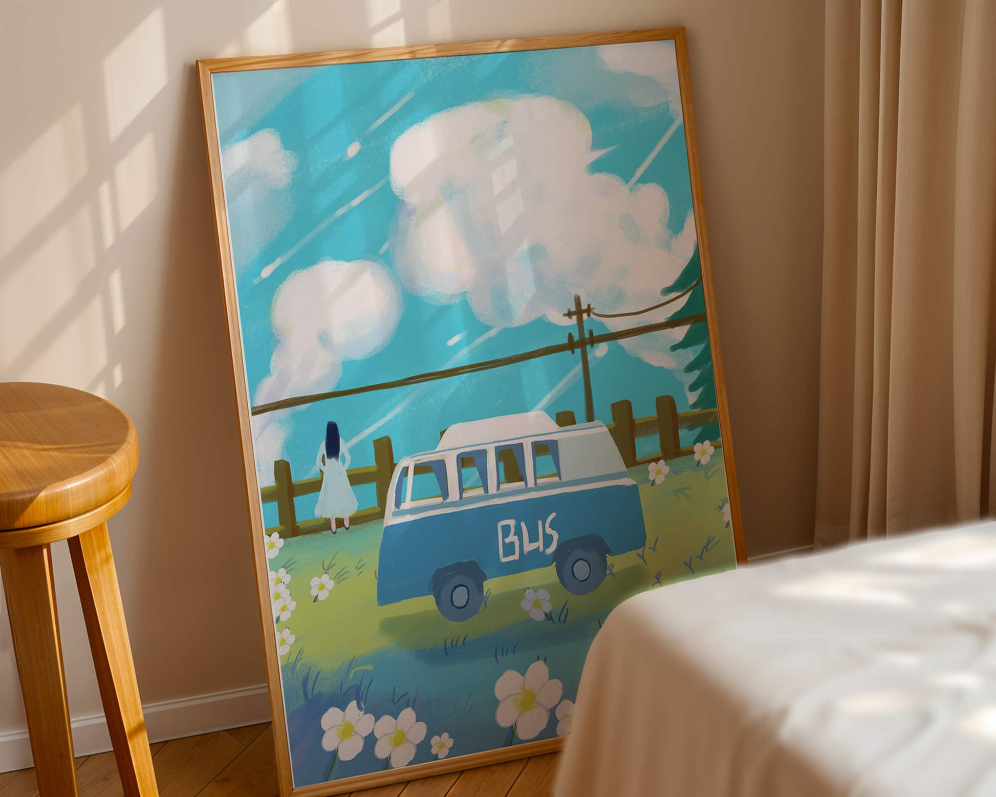 Ilustración escénica con autobús azul y prado en flor