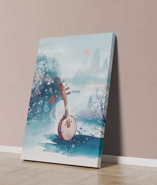Paisaje tradicional chino con instrumento musical y flores